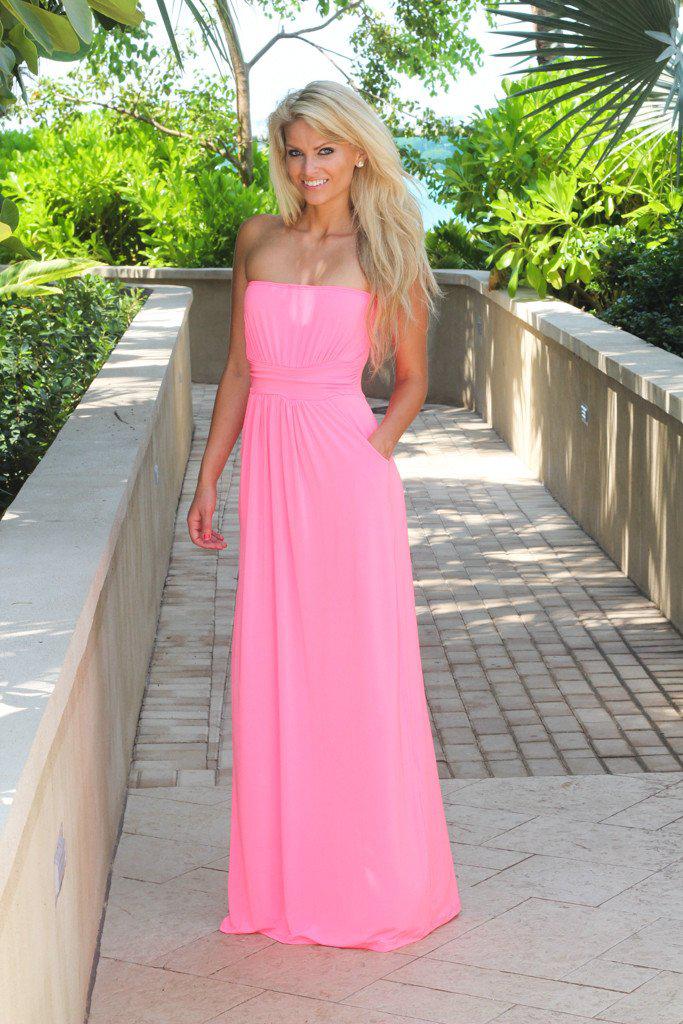 Strapless Neon Pink Maxi Dress With ...